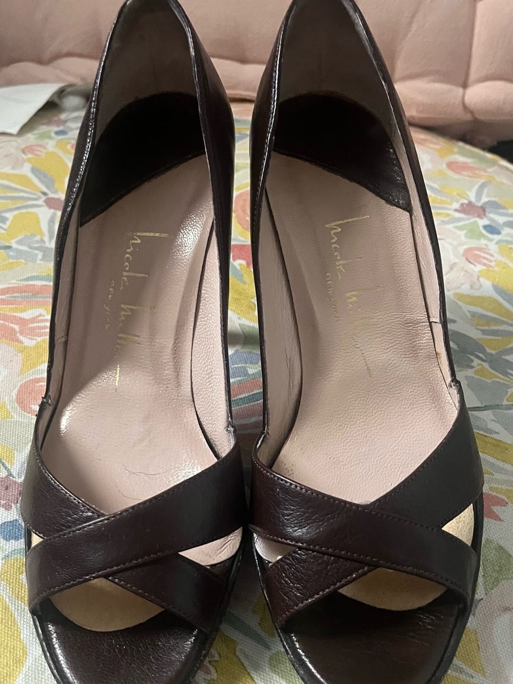 Nicole Miller Leather Peep-Toe Pumps in Dark Brown - Women